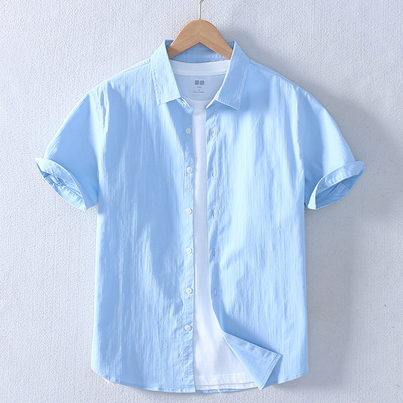 남성 여름 얇은 순수 코튼 반팔 셔츠, 캐주얼 턴 다운 칼라 편안한 단색 셔츠 2021 신상
